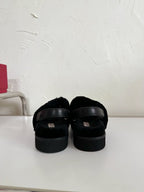 SLIDY VIV' WINTER FUR STRASS BUCKLE SANDALS IN BLACK SHEARLING