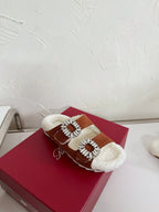 SLIDY VIV’ FUR STRASS BUCKLE MULES IN BROWN SUEDE AND CREAM SHEARLING INSOLE