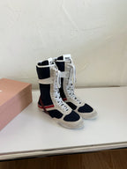 LACE-UP KNEE BOOTS IN BEIGE SUEDE AND NAVY MESH