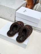 CELINE 25S GEORGIA SLIDE IN SHEARLING IN DARK BROWN