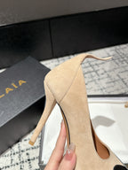 ALAIA HIGH PUMPS 10CM IN BEIGE SUEDE MIX BLACK CALFSKIN