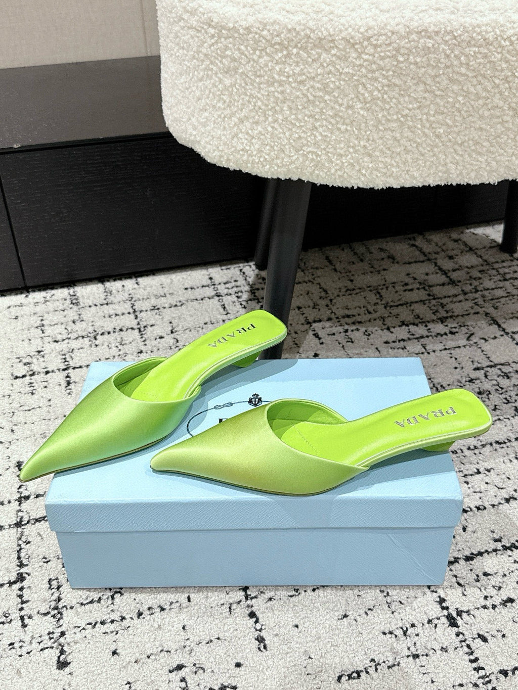 PRADA 25S POINTED-TOE MULES IN LIME GREEN SATIN