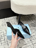 PRADA 25S POINTED-TOE MULES IN BLACK CALFSKIN