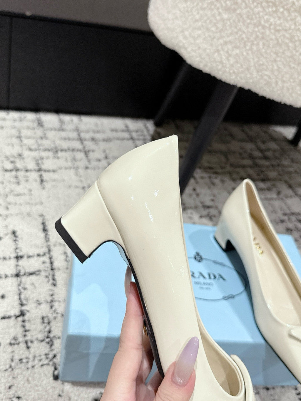 PRADA 25S SQUARE TOE HIGH HEELS IN IVORY GLOSSY CALFSKIN