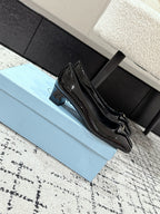 PRADA 25S SQUARE TOE HIGH HEELS IN BLACK GLOSSY CALFSKIN
