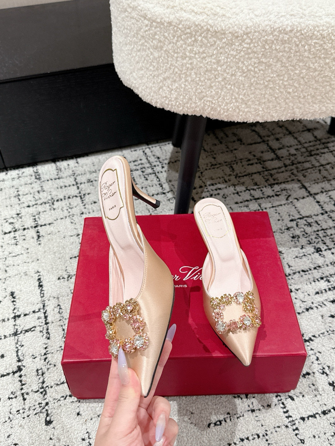 ROGER VIVIER 25S EFFLORESCENCE MULES 65MM IN GOLD SATIN EMBELLISHED CRYSTALS