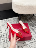 ROGER VIVIER 25S EFFLORESCENCE MULES 65MM IN BRIGHT RED SATIN EMBELLISHED CRYSTALS