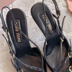 Slingback Black Leather With Stylized Cross Straps - High heels