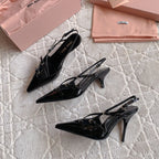 Slingback Black Leather With Stylized Cross Straps - High heels