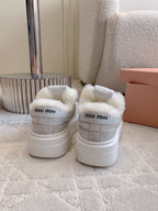 THICK SOLE SNEAKERS IN CHROME GRAY LAMBSKIN WITH RABBIT FUR LINING