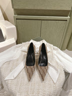POINTED HIGH PUMPS IN BEIGE MONOGRAM JACQUARD FABRIC