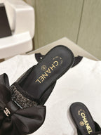 CC JEWELED MULE WITH SILK BOW AND BLACK LAMBSKIN