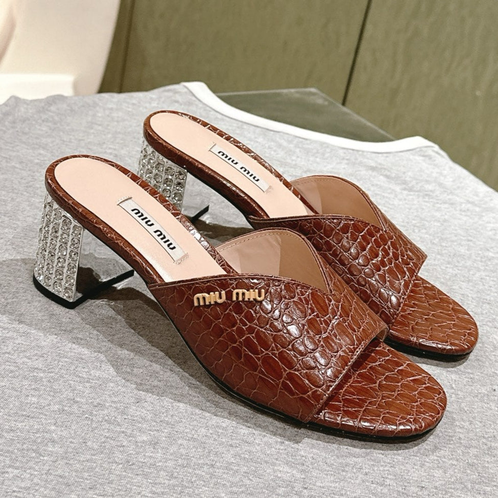 JEWELLED HEEL 55 MULE SANDALS IN RT BROWN CALFSKIN