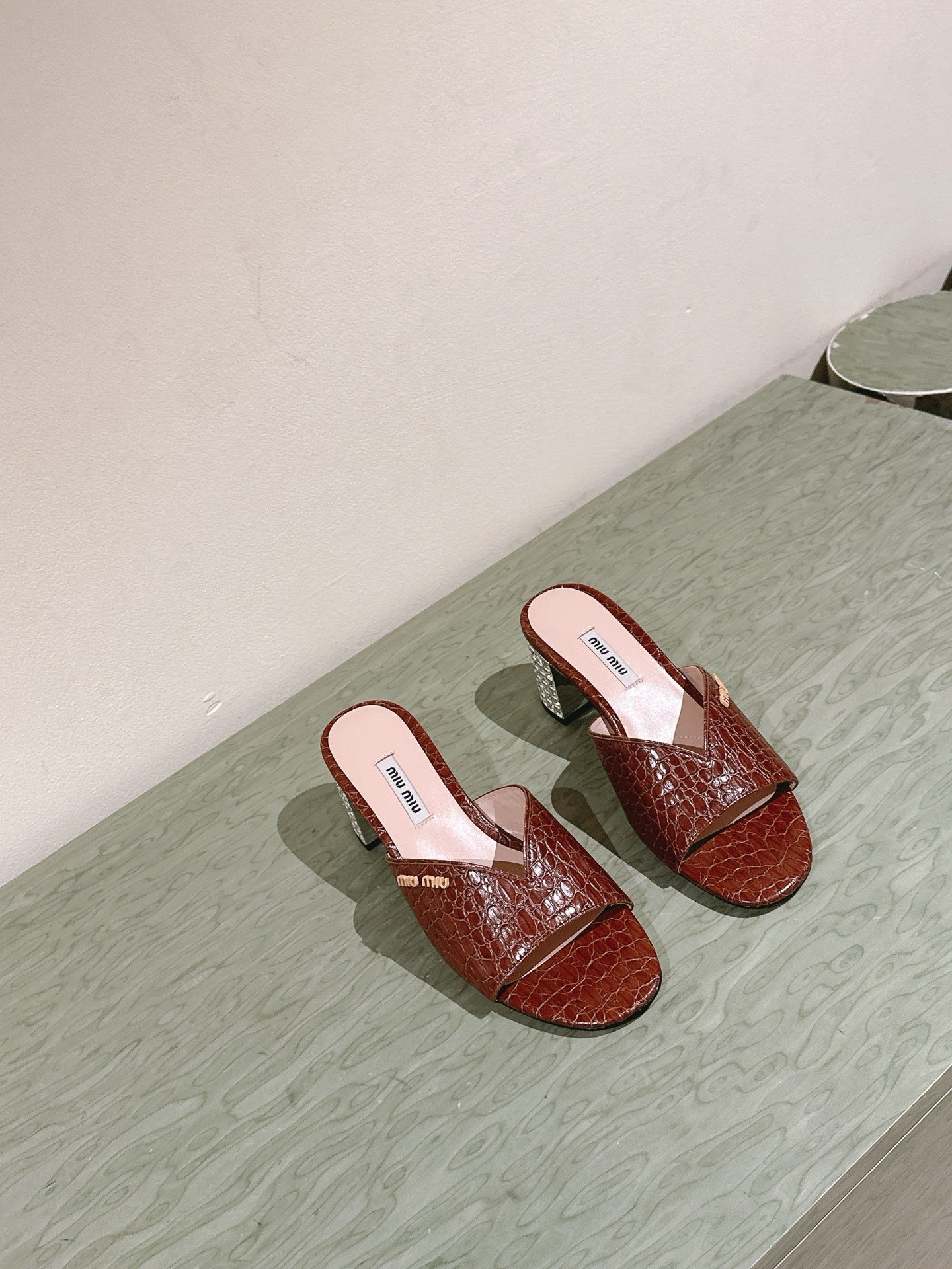 JEWELLED HEEL 55 MULE SANDALS IN RT BROWN CALFSKIN