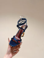 YSL 25S HIGH-HEEL SANDALS 100 MM IN DEEP NAVY BLUE SATIN WITH YSL LOGO HEEL DESIGN IN GOLD