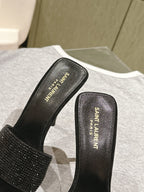 YSL 25S HEELED SANDALS 100 MM IN BLACK LAMBSKIN WITH RHINESTONE-EMBELLISHED STRAP