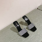 YSL 25S HEELED SANDALS 100 MM IN BLACK LAMBSKIN WITH WHITE RHINESTONE-EMBELLISHED STRAP