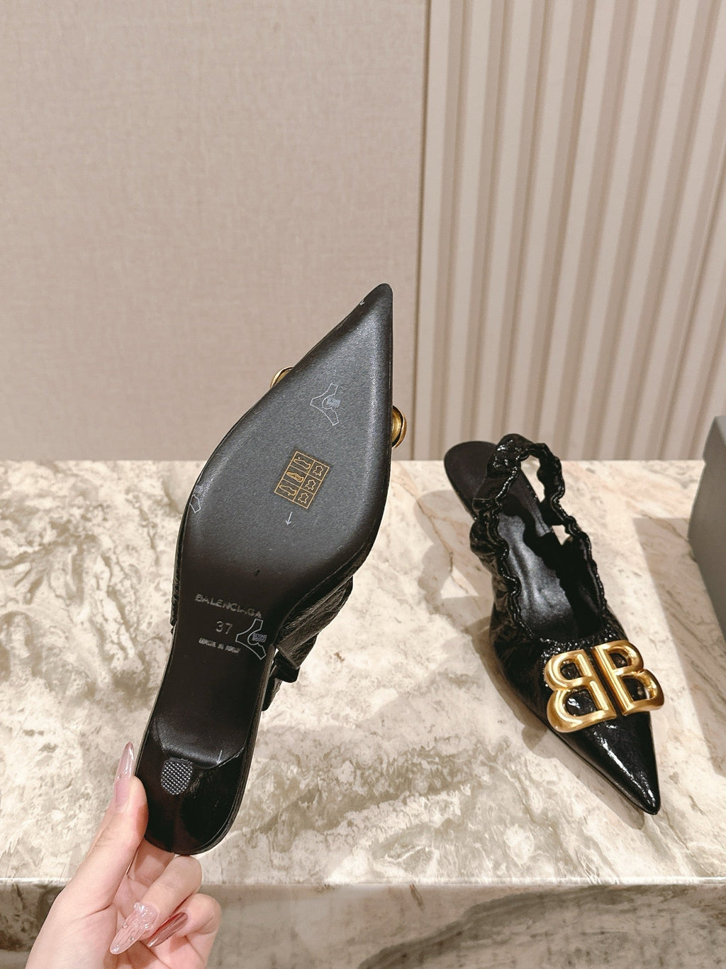 BALENCIAGA 25S HIGH SLINGBACK 45 MM IN BLACK LAMBSKIN WITH GOLD HARDWARE