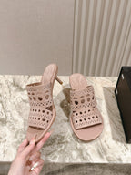 ALAIA HIGH HEEL CHUNKY TWO-STRAP 25S IN PINK BEIGE SUEDE