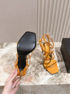 YSL 25S STILETTO HIGH-HEEL SANDALS 100 MM IN DARK ORANGE LAMBSKIN WITH GOLD HARDWARE