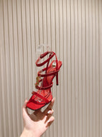 YSL 25S STILETTO HIGH-HEEL SANDALS 100 MM IN RED LAMBSKIN WITH GOLD HARDWARE