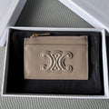 TRIOMPHE Zipped Card Holder Modern Taupe Cowhide Leather