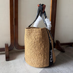 LAGRE WOODY TOTE BAG 48 IN NATURAL FIBERS BLACK WEBBING LOGO EMBROIDER BROWN CALFSKIN