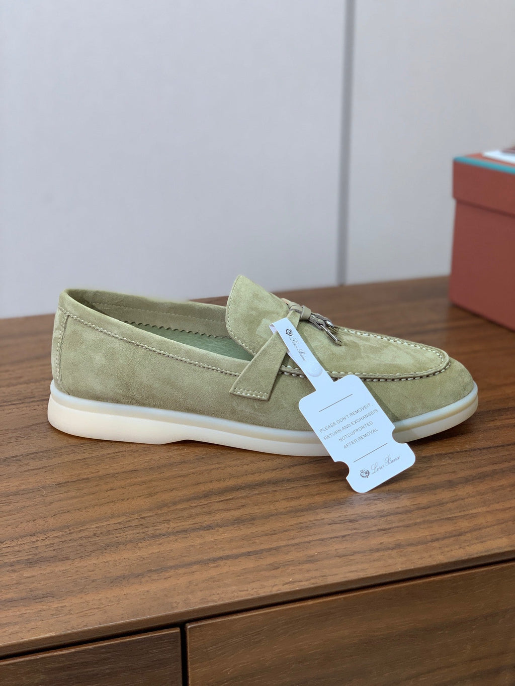 LP LOAFERS 25S IN DRIED LEAF GREEN CASHMERE WITH SILVER HARDWARE