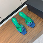 BALMAIN 25S HIGH HEEL MULES 95MM IN EMERALD GREEN DENIM AND CALFSKIN