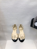 BEIGE MIX BLACK LAMBSKIN CAMELLIA HOLLOW SANDAL