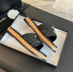 Double C Wood Grain Platform Slippers Black Wool