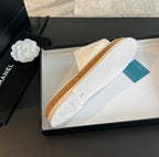 Double C Wood Grain Platform Slippers White Wool