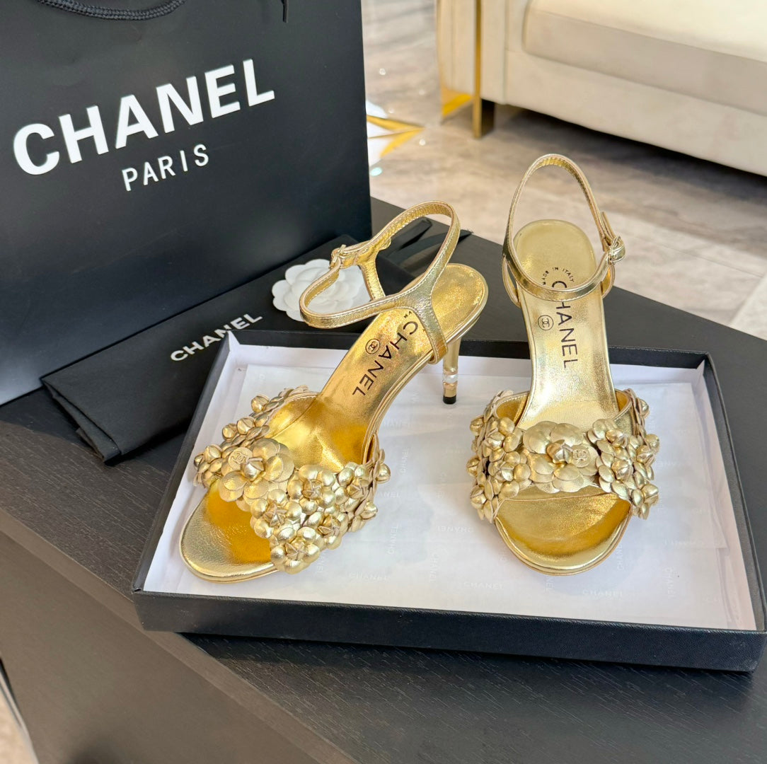 CC Little Camellia World Thin High Sandals Gold Lambskin