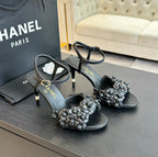 CC Little Camellia World Thin High Sandals Black Lambskin