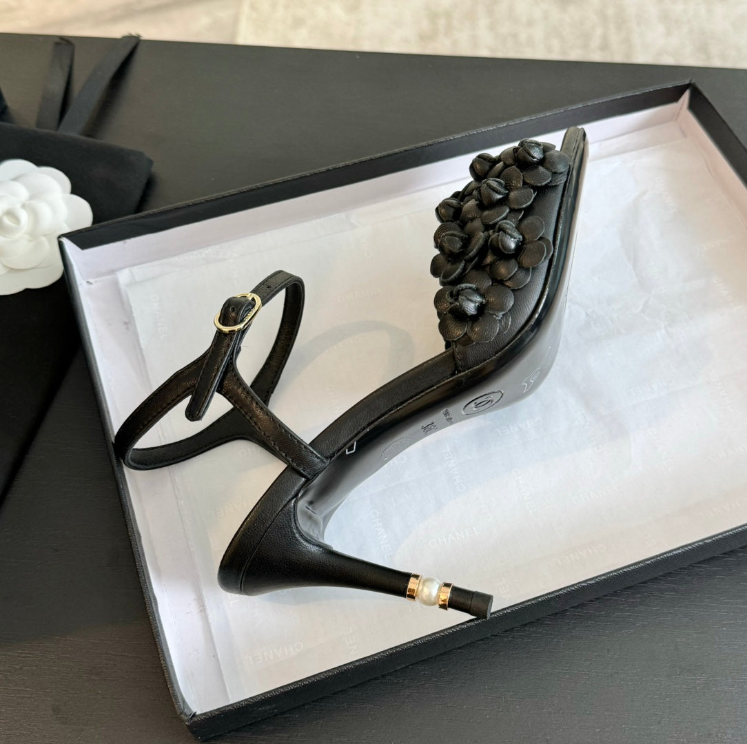 CC Little Camellia World Thin High Sandals Black Lambskin