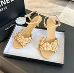CC Little Camellia World Thin High Sandals Tan Brown Lambskin