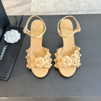 CC Little Camellia World Thin High Sandals Tan Brown Lambskin