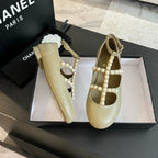MARY JANES SHOES ECRU BEIGE GOATSKIN WITH FAUX PEARL