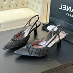 POINTED SLINGBACK MID HEELS BLACK LAMBSKIN