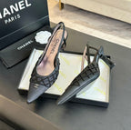 POINTED SLINGBACK MID HEELS BLACK LAMBSKIN