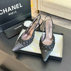POINTED SLINGBACK MID HEELS BLACK LAMBSKIN