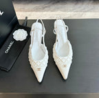 POINTED SLINGBACK MID HEELS WHITE LAMBSKIN
