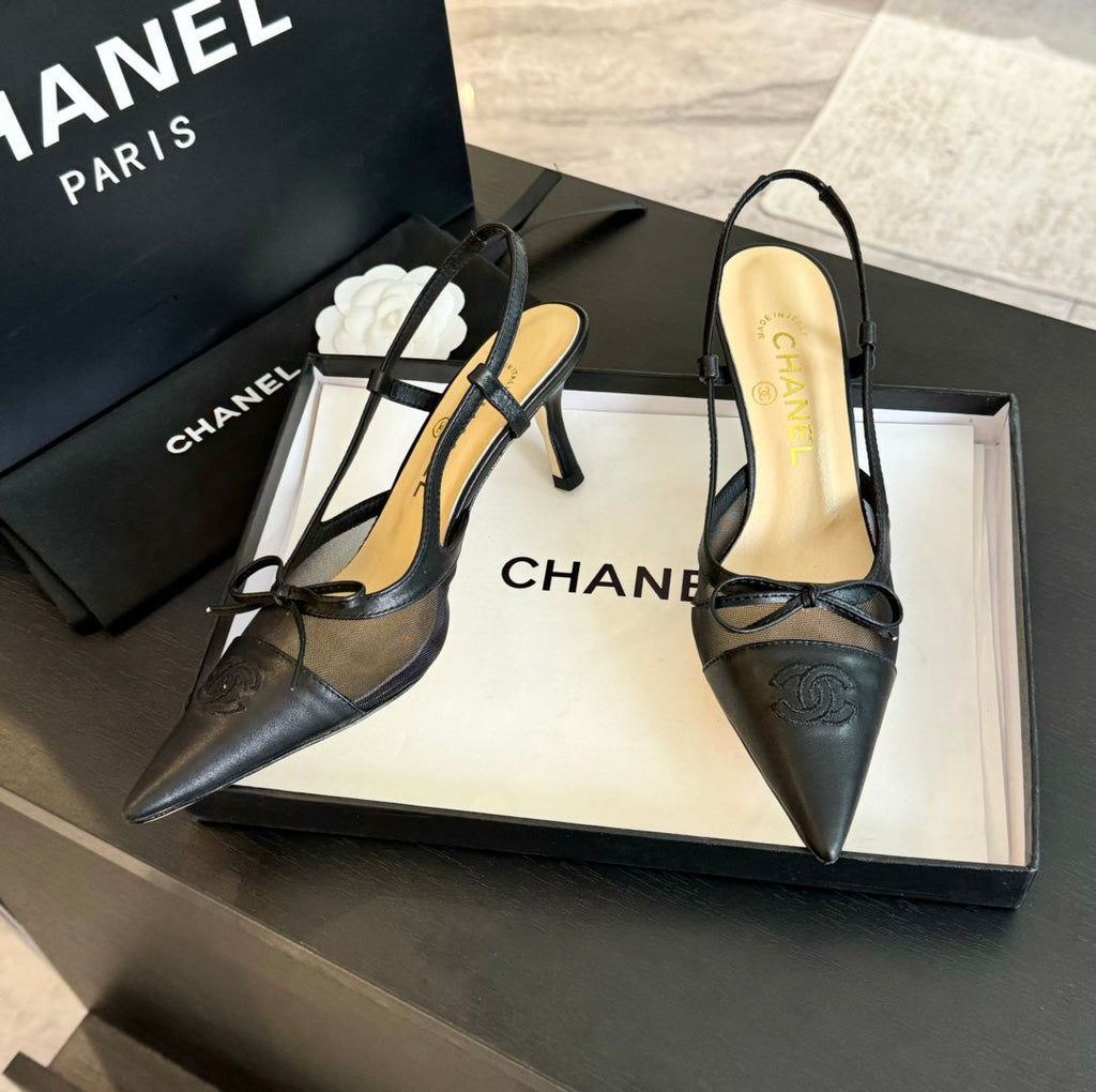 MESH LOGO SLINGBACKS IN BLACK LAMBSKIN