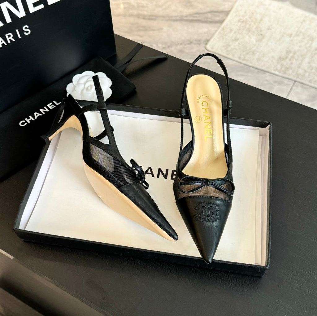 MESH LOGO SLINGBACKS IN BLACK LAMBSKIN