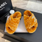 SAFETY ORANGE FUR CROSS STRAP SLIPPERS