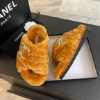 SAFETY ORANGE FUR CROSS STRAP SLIPPERS