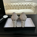 HIGH HEEL 85 MM SANDALS IN PALE GRAY SUEDE AND BLACK FABRIC