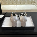 BLOCK HEEL SLINGBACKS IN SILVER MIX BLACK SILK FABRIC