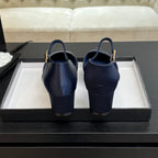 BLOCK HEEL SLINGBACKS IN NAVY BLUE MIX BLACK SILK FABRIC