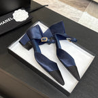 BLOCK HEEL SLINGBACKS IN NAVY BLUE MIX BLACK SILK FABRIC